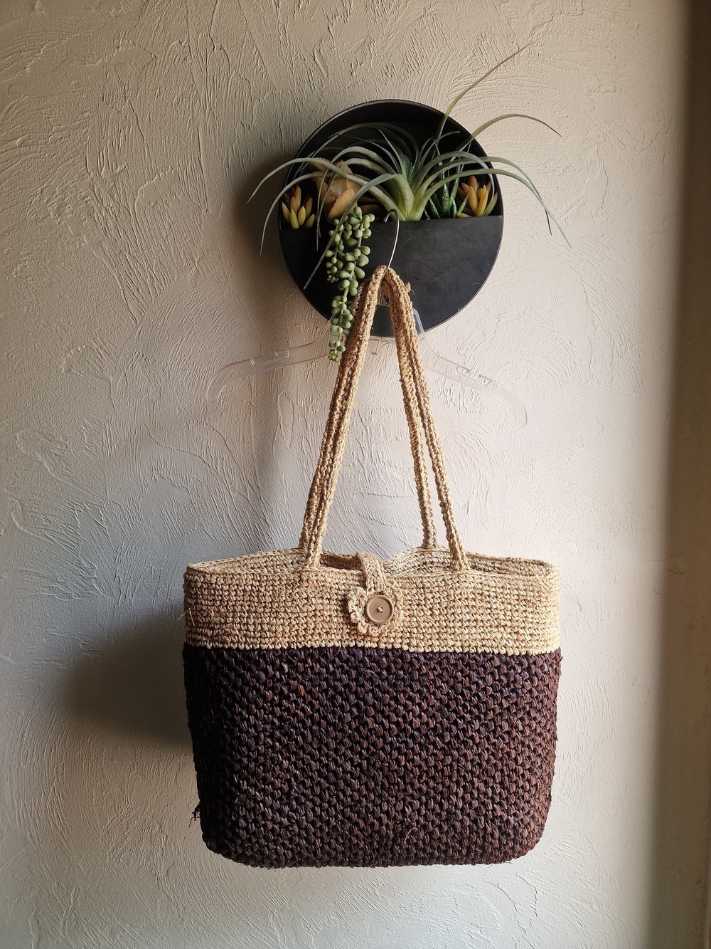 Two-Tone Woven Straw Tote in Natural and Dark Brown